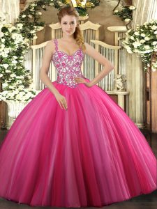  Beading Quinceanera Dresses Hot Pink Lace Up Sleeveless Floor Length