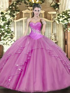  Lilac Lace Up Ball Gown Prom Dress Beading Sleeveless Floor Length