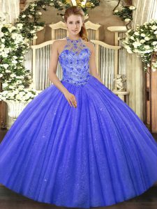 Low Price Sleeveless Tulle Floor Length Lace Up Quinceanera Gown in Blue with Beading and Embroidery