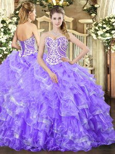 High Quality Sleeveless Organza Floor Length Lace Up Quinceanera Dresses in Lavender with Beading and Ruffled Layers