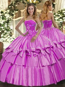 Extravagant Lilac Ball Gowns Strapless Sleeveless Organza and Taffeta Floor Length Lace Up Beading and Ruffled Layers Quince Ball Gowns