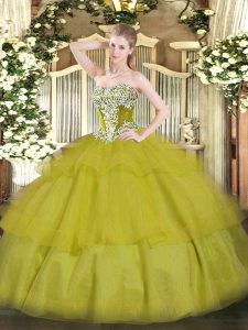 Gorgeous Olive Green Tulle Lace Up Strapless Sleeveless Floor Length Quinceanera Gown Beading and Ruffled Layers