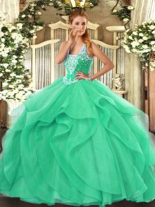  Turquoise Sleeveless Tulle Lace Up 15th Birthday Dress for Military Ball and Sweet 16 and Quinceanera