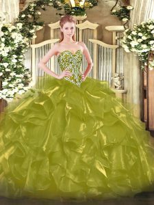 Ball Gowns 15 Quinceanera Dress Olive Green Sweetheart Organza Sleeveless Floor Length Lace Up