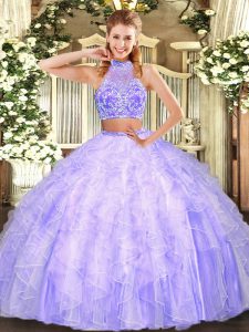  Floor Length Two Pieces Sleeveless Lavender Ball Gown Prom Dress Criss Cross