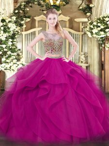 Fuchsia Two Pieces Tulle Scoop Sleeveless Beading and Ruffles Floor Length Lace Up Vestidos de Quinceanera