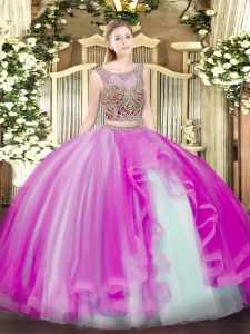 Glorious Sleeveless Floor Length Beading and Ruffles Lace Up Ball Gown Prom Dress with Fuchsia