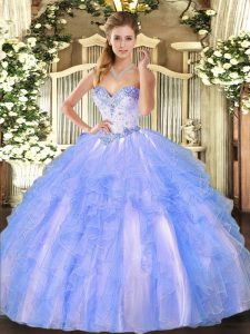  Blue And White Ball Gowns Tulle Sweetheart Sleeveless Beading and Ruffles Floor Length Lace Up 15 Quinceanera Dress