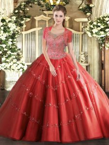 Delicate Coral Red Clasp Handle Scoop Beading Sweet 16 Quinceanera Dress Tulle Sleeveless