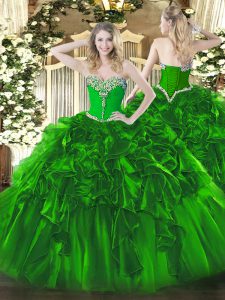 Flirting Green Ball Gowns Organza Sweetheart Sleeveless Beading and Ruffles Floor Length Lace Up Vestidos de Quinceanera