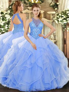 Sophisticated Light Blue High-neck Neckline Beading and Ruffles Sweet 16 Quinceanera Dress Sleeveless Lace Up