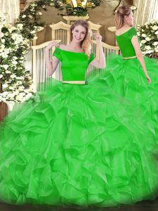 Customized Organza Off The Shoulder Short Sleeves Zipper Appliques and Ruffles 15 Quinceanera Dress in Green