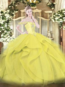  Yellow Lace Up Quinceanera Dresses Beading and Ruffles Sleeveless Floor Length