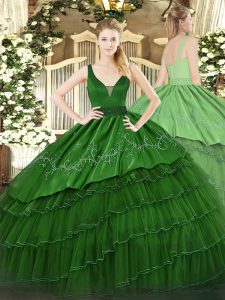  Dark Green Zipper Quinceanera Gowns Beading and Embroidery and Ruffled Layers Sleeveless Floor Length