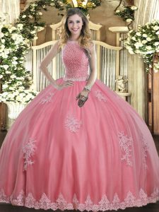  Baby Pink High-neck Lace Up Beading and Appliques Quinceanera Gowns Sleeveless