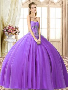  Floor Length Eggplant Purple Ball Gown Prom Dress Tulle Sleeveless Beading