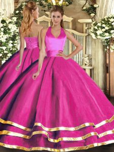 Excellent Fuchsia Lace Up Quince Ball Gowns Ruffled Layers Sleeveless Floor Length