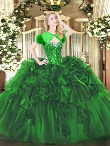 Dynamic Green Organza Lace Up Sweet 16 Dress Sleeveless Floor Length Beading and Ruffles