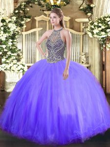  Halter Top Sleeveless Lace Up Quinceanera Gown Lavender Tulle