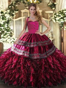 Romantic Wine Red Halter Top Lace Up Embroidery and Ruffles 15th Birthday Dress Sleeveless