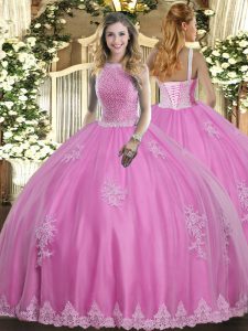 Pretty Sleeveless Floor Length Beading and Appliques Lace Up Quince Ball Gowns with Rose Pink 
