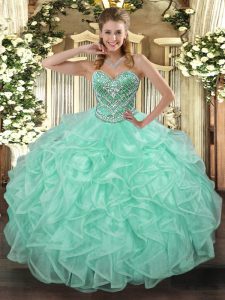  Apple Green Ball Gowns Sweetheart Sleeveless Tulle Floor Length Lace Up Beading and Ruffles Quinceanera Gowns