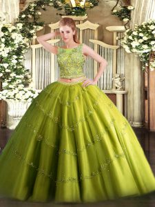 Fabulous Sleeveless Floor Length Beading and Appliques Lace Up 15th Birthday Dress with Olive Green