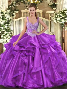  Eggplant Purple Organza Lace Up 15th Birthday Dress Sleeveless Floor Length Beading and Ruffles