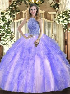 Discount Lavender High-neck Lace Up Beading and Ruffles Quinceanera Gowns Sleeveless