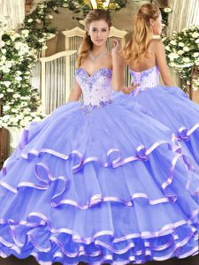 Sleeveless Organza Floor Length Lace Up Quinceanera Gown in Lavender with Beading and Ruffled Layers