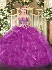 Flirting Sleeveless Floor Length Beading and Ruffles Lace Up Sweet 16 Dress with Fuchsia
