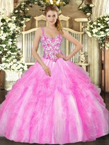  Appliques and Ruffles Quinceanera Gown Lilac Lace Up Sleeveless Floor Length