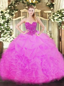 Best Selling Fuchsia Ball Gowns Beading and Ruffles Quince Ball Gowns Lace Up Organza Sleeveless Floor Length