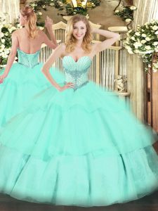 Classical Apple Green Ball Gowns Tulle Sweetheart Sleeveless Beading and Ruffled Layers Floor Length Lace Up 15 Quinceanera Dress