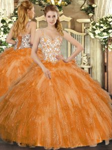 Fashionable Floor Length Orange Quinceanera Gowns Straps Sleeveless Lace Up