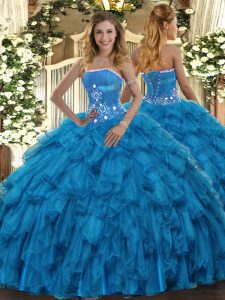  Organza Strapless Sleeveless Lace Up Beading and Ruffles Quinceanera Gowns in Baby Blue