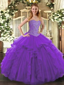 Edgy Sweetheart Sleeveless Tulle Ball Gown Prom Dress Beading and Ruffles Lace Up