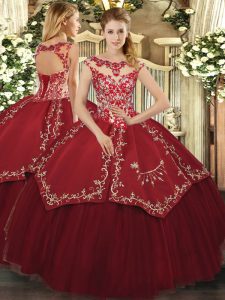 Luxurious Wine Red Satin and Tulle Lace Up Scoop Cap Sleeves Floor Length Sweet 16 Dresses Beading and Appliques and Embroidery