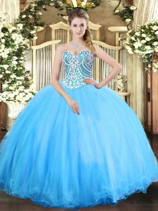 Adorable Sweetheart Sleeveless Quinceanera Dresses Floor Length Beading Aqua Blue Tulle