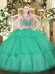  Turquoise Tulle Lace Up Scoop Sleeveless Floor Length Quinceanera Gown Beading and Ruffled Layers