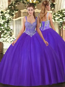 Romantic Purple Sleeveless Tulle Lace Up Quinceanera Dress for Military Ball and Sweet 16 and Quinceanera