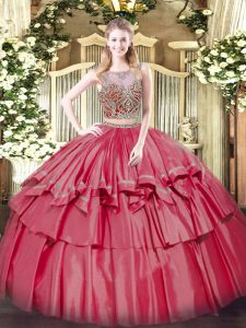  Coral Red Two Pieces Organza and Taffeta Scoop Sleeveless Beading and Ruffled Layers Floor Length Lace Up Sweet 16 Quinceanera Dress