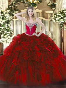 Custom Made Floor Length Lace Up 15 Quinceanera Dress Wine Red for Military Ball and Sweet 16 and Quinceanera with Beading and Ruffles