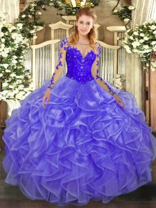 Luxury Ball Gowns Quince Ball Gowns Lavender Scoop Organza Long Sleeves Floor Length Lace Up