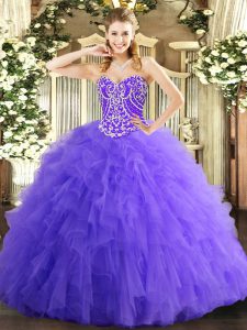  Lavender Ball Gowns Tulle Sweetheart Sleeveless Beading and Ruffles Floor Length Lace Up 15 Quinceanera Dress