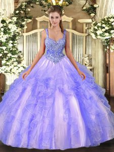  Lavender Lace Up Straps Beading and Ruffles Sweet 16 Quinceanera Dress Tulle Sleeveless
