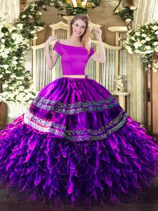 Artistic Eggplant Purple Two Pieces Embroidery and Ruffles Quinceanera Gown Zipper Organza and Taffeta Short Sleeves Floor Length