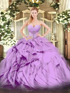  Sweetheart Sleeveless 15th Birthday Dress Floor Length Beading and Ruffles Lavender Organza