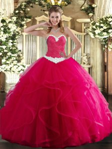  Hot Pink Tulle Lace Up Sweet 16 Dresses Sleeveless Floor Length Appliques and Ruffles