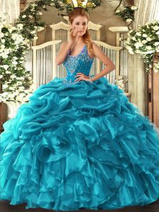 Decent Straps Sleeveless Lace Up Quinceanera Dress Teal Organza